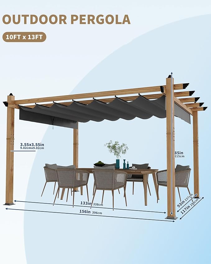 Garvee 10x13 Ft Outdoor Pergola with Retractable Canopy Upgraded Aluminum Imitation Wood Grain Metal Patio Pergola for Modern Backyard Deck Porch Grape Trellis(Gray)