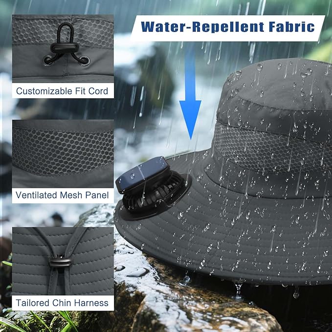 Solar Fan Hat for Men Women - Wide Brim Solar Fan Outdoor Fishing Hat with 2 Removable Fans