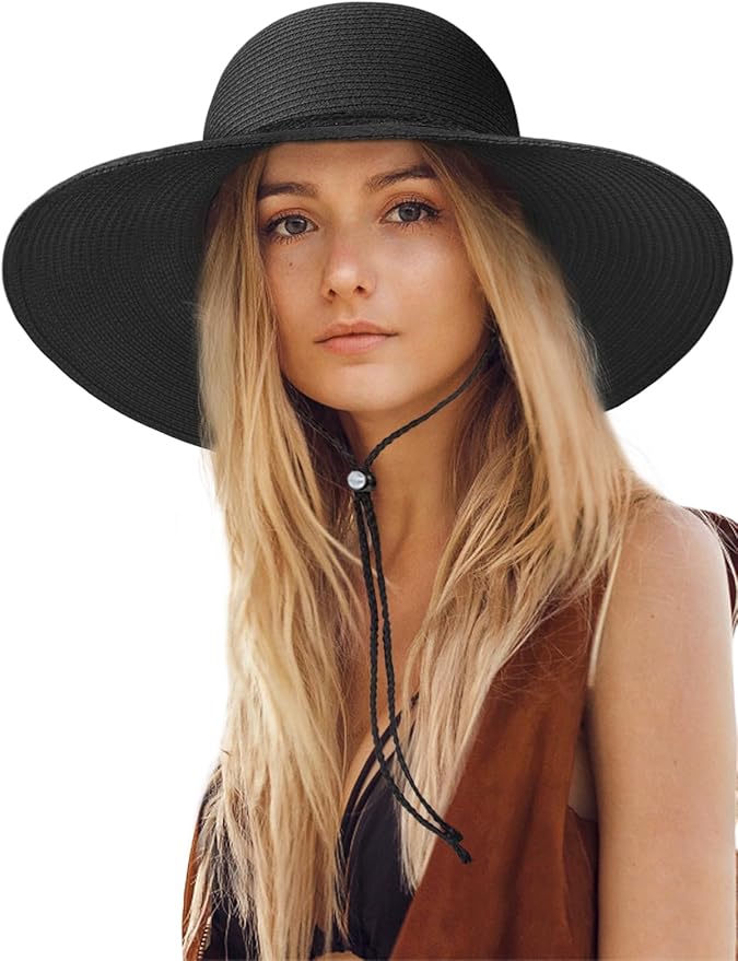 Senker Fashion Sun Hats for Women, Wind Lanyard Wide Brim Straw Hat for Summer Beach Garden Vacation Foldable UPF 50+