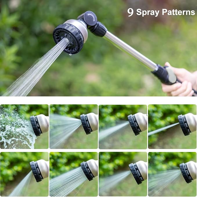 FANHAO Metal Garden Hose Wand, 16-Inch Heavy Duty Watering Wand with 9 Spray Patterns, 180° Rotating Long Garden Hose Nozzle Thumb Flow Control, Ideal to Water Hanging Baskets and Shrubs -Black