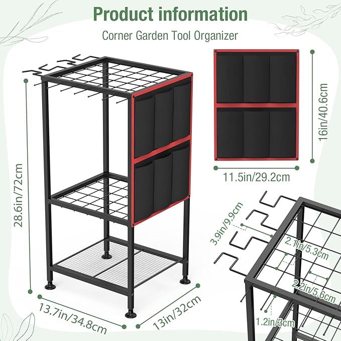 Garden Tool Organizer,Metal Yard Tool Organizer,Holds 50 Long-Handled Tools/Rakes/Brooms,Side Garden Pocket,Heavy Duty Steel Yard Tool Storage Rack for Garage,Shed, Outdoor