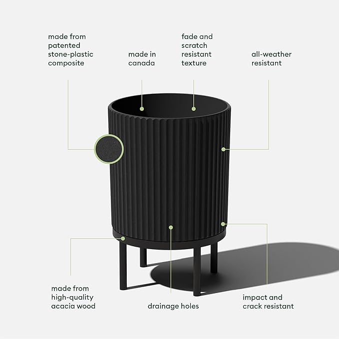 Veradek Demi Series Round Planter w/Stand for Porch/Patio | Durable Plastic-Stone Composite & Wooden Stand | Modern Décor for Tall Plants, Flowers