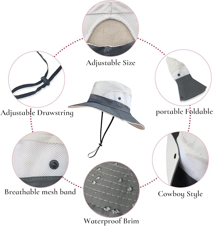 NPQQUAN Ponytail Sun Bucket Hats for Women Men Wide Brim UPF 50+ Fishing & Beach Hats