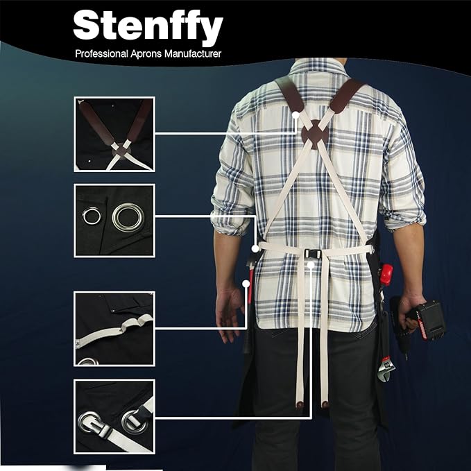 Woodworking Apron, Tool Apron, Canvas, Multiple Pockets, Adjustable Zipper, Metal Ring, Tape Measure Clip, Plus Size, Black.