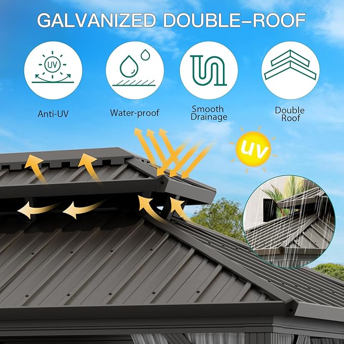 10X12 FT Outdoor Galvanised Steel Hardtop Gazebo, Heavy Duty Double Roof Outdoor Gazebo with Netting and Sunshade Curtains, Aluminium Framed Gazebo for Patio, Terrace, Lawn and Deck, Grey