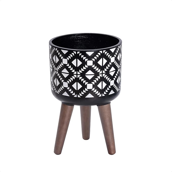 D'vine Dev 8 Inch Planter Pot with Stand, Mid-Century Tall Plant Pot with Legs for Indoor Plants, Small, White/Black, 88-G-A-4