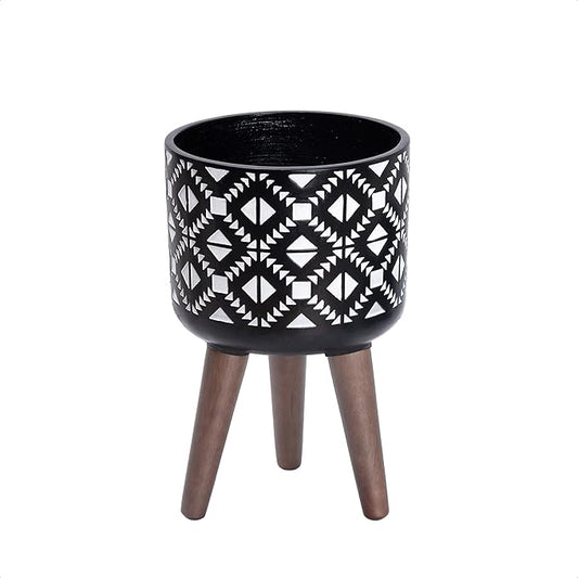 D'vine Dev 8 Inch Planter Pot with Stand, Mid-Century Tall Plant Pot with Legs for Indoor Plants, Small, White/Black, 88-G-A-4