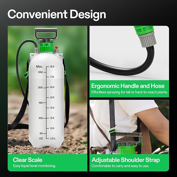 VIVOSUN 2.1 Gal/8L Pump Sprayer, Garden Water Sprayer for Plants, Weeds & Lawn Care, with 3 Nozzles, 50'' Long Hose & Pressure Relief Valve
