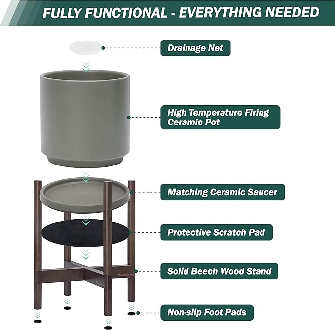 D'vine Dev Ceramic Planter with Walnut Color Stand - 8 Inch Modern Round Flower Pot with Wood Planter Holder, Grey, 55-B-Y-3