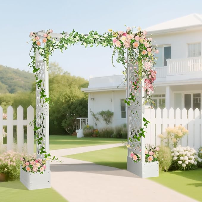 VINGLI Wooden Garden Arbor with Planter, Wedding Arch for Ceremony, Wood Garden Arbour Trellis for Plant Climbing, Pergola for Garden Backyard, Lawn, Outdoor (White)