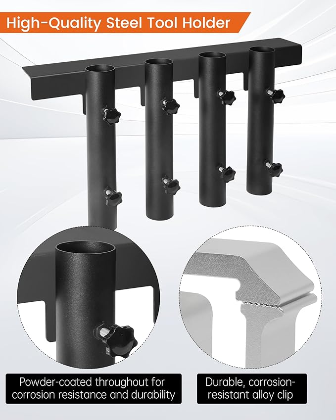 4-Hole No-Drilling Shovel Holder for Truck, Side Flag Mount for Truck, Shovel Rack for Truck Accommodates diameters up to 1.8" Flag Pole, Trimmers, Rakes, Shovels, Other Lawn Tools