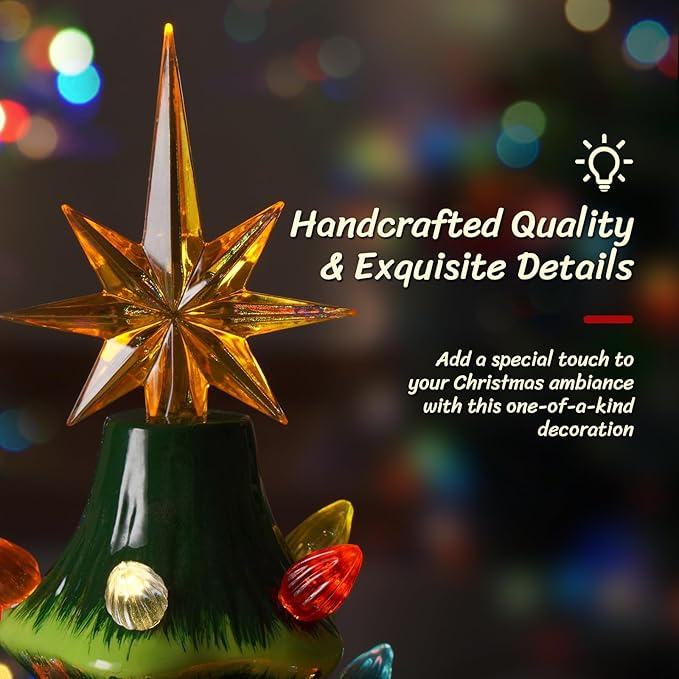 Lakumu 16.5" Table Top Christmas Tree, Hand Painted Resin Christmas Tree with Lights, Pre-lit Xmas Tree Decor Lighted Tabletop Decoration with Multicolored LED Bulbs, Ceramic-Like Finish