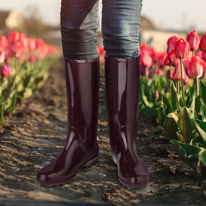 DaeRainy Tall Rain Boots for Women, Knee High Waterproof Slip On Garden Boots
