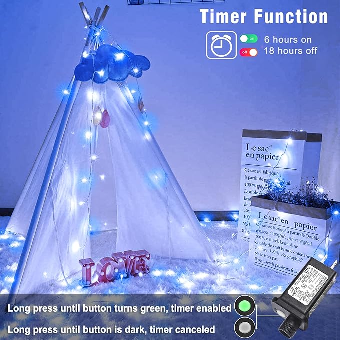 66FT 200 LED Christmas Lights Outdoor, Plug in Christmas String Lights Indoor, Waterproof & 8 Modes & Timer Function, Connectable Fairy Twinkle Light for Bedroom Classroom Wedding Decor, Blue White