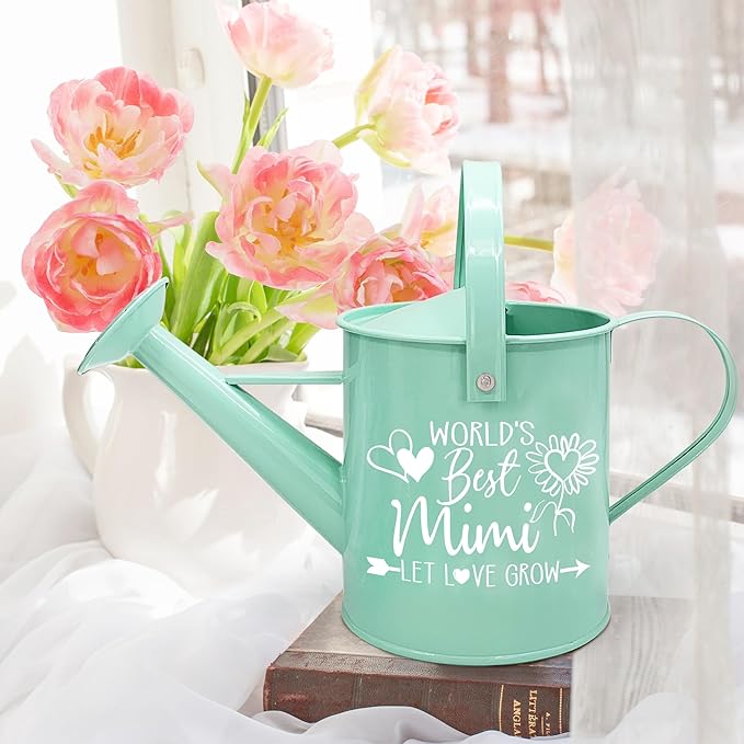 Hexagram Mimi Gifts for Grandma, Mimi Birthday Gifts, Gardening Present for Grandma, Mint Metal Watering Can for Nana, Best Gigi Present from Grandkids, Christmas Mothers Day Garden Decor