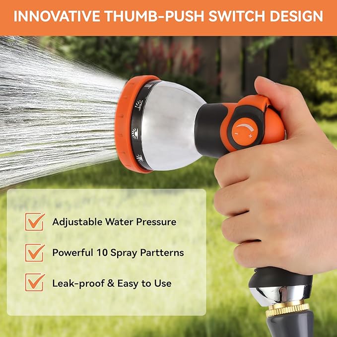 Garden Water Hose Nozzle Metal Heavy Duty Sprayer Thumb Control with 10 Spray Modes Suitable for Watering Plants, Iawn and Garden, Car Washing, Cleaning, Showering Pets and Outdoor Fun, Orange
