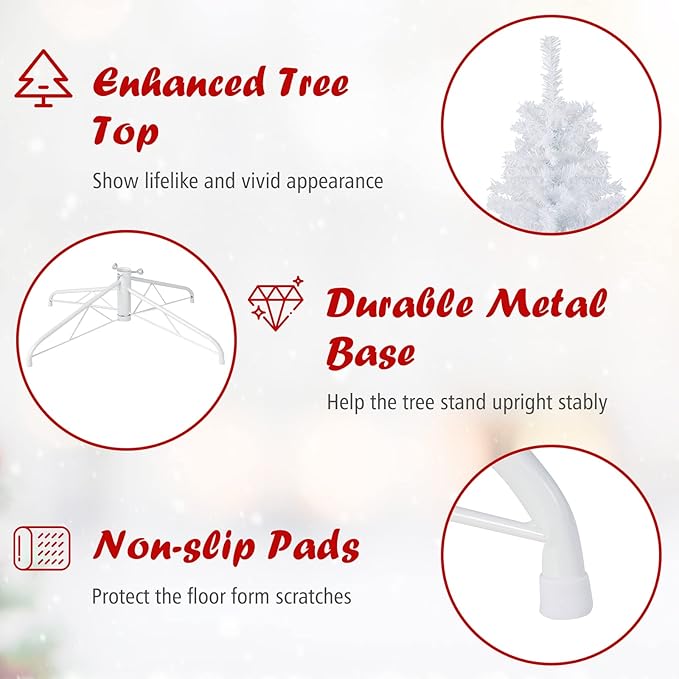 Goplus White Artificial Christmas Tree, 9ft Premium Unlit Hinged Spruce Full Tree, with Metal Stand, Easy Assembly, for Indoor and Outdoor Use