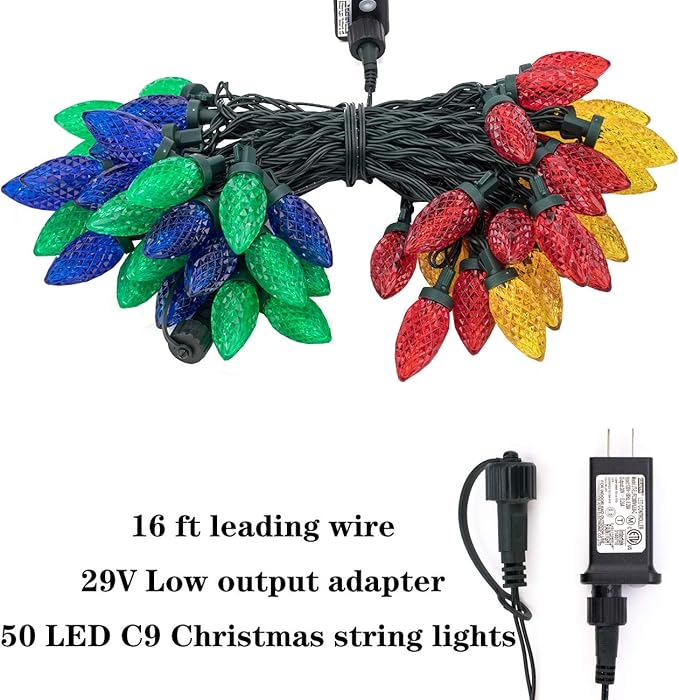 AWQ 50LED 49 FT C9 Christmas String Lights Plug in Fairy Twinkle String Lights 8 Modes Timer Function Waterproof Extendable for Indoor Outdoor Wedding Party Christmas Decoration (50, Multicolor)