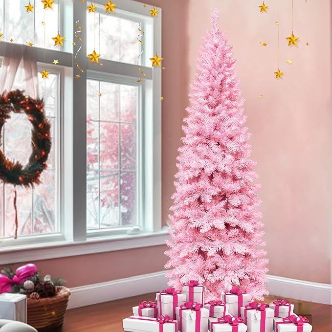 6Ft Prelit Artificial Slim Pink Christmas Tree, 240 LED Warm Lights, 658 Thick Branches, Fire-Resistant, UL Plug, Metal Stand, Hinged Pencil Xmas Tree Christmas Decorations Home Indoor Outdoor