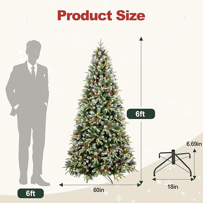 6Ft Pre-Lit Artificial Christmas Tree Fully Pre-Decorated with 1593 Flocked Frosted Tips, 60 Berries, 60 Pine Cones, 350 Lights, Realistic Xmas Tree with Metal Hinges& Floded Stand