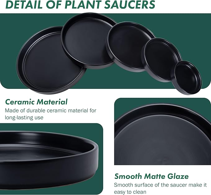 D'vine Dev Modern Round 5.4 Inch Ceramic Plant Pot Saucer, Planter Pot Drainage Tray for Indoor Plants, Set of 2, Matte Black, 97-T-B-22