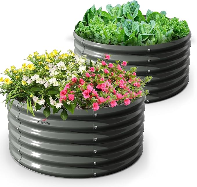 A ANLEOLIFE 2-Pack 4ft x 18” Tall Galvanized Raised Garden Beds Outdoor, Round Metal Planter Box for Planting Vegetables Flowers Herb, Anti-Rust & Easy-Setup, Quartz Grey