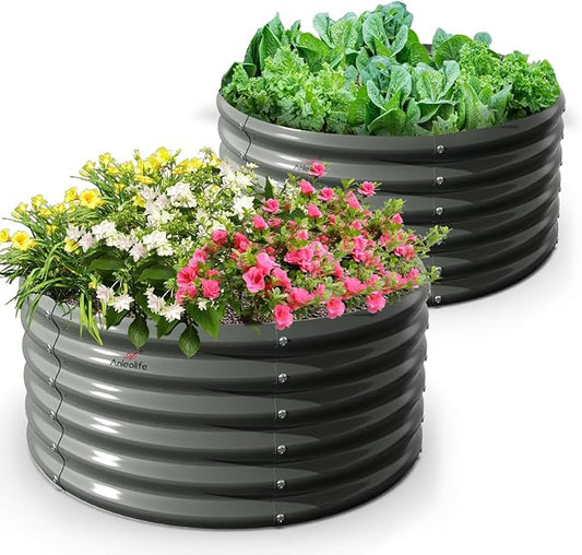 A ANLEOLIFE 2-Pack 4ft x 18” Tall Galvanized Raised Garden Beds Outdoor, Round Metal Planter Box for Planting Vegetables Flowers Herb, Anti-Rust & Easy-Setup, Quartz Grey
