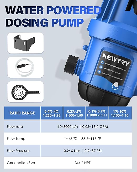 NEWTRY Fertilizer Injector for Drip Irrigation, 0.4%-4% Adjustable Dosing Pump, 3/4'' NPT Water Powered Liquid Doser for Garden, Greenhouse, Irrigation & Hydroponic System, Farm, Grow Tent