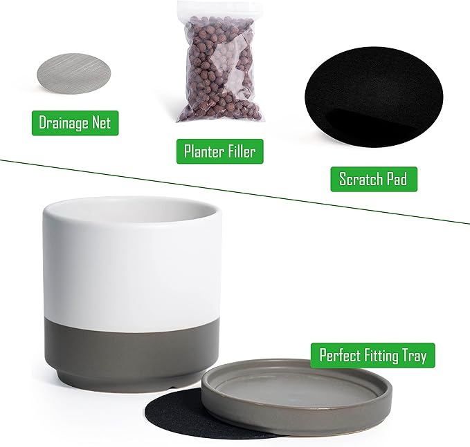 D'vine Dev Set of 4 Small Ceramic Plant Pots, 4.6 Inch Succulent Planter Pot for Plants with Drainage Hole and Saucer, White/Speckled Grey, 94-X-B-6