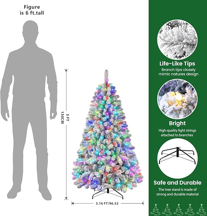 SHareconn 5ft Prelit Snow Flocked Spruce Artificial Christmas Tree with Remote (2025 Upgraded), 250 Pre-Lit Multi-Color RGB Lights, Full Snow Branch Tips for Home, Office, Xmas Decoration, 5 FT
