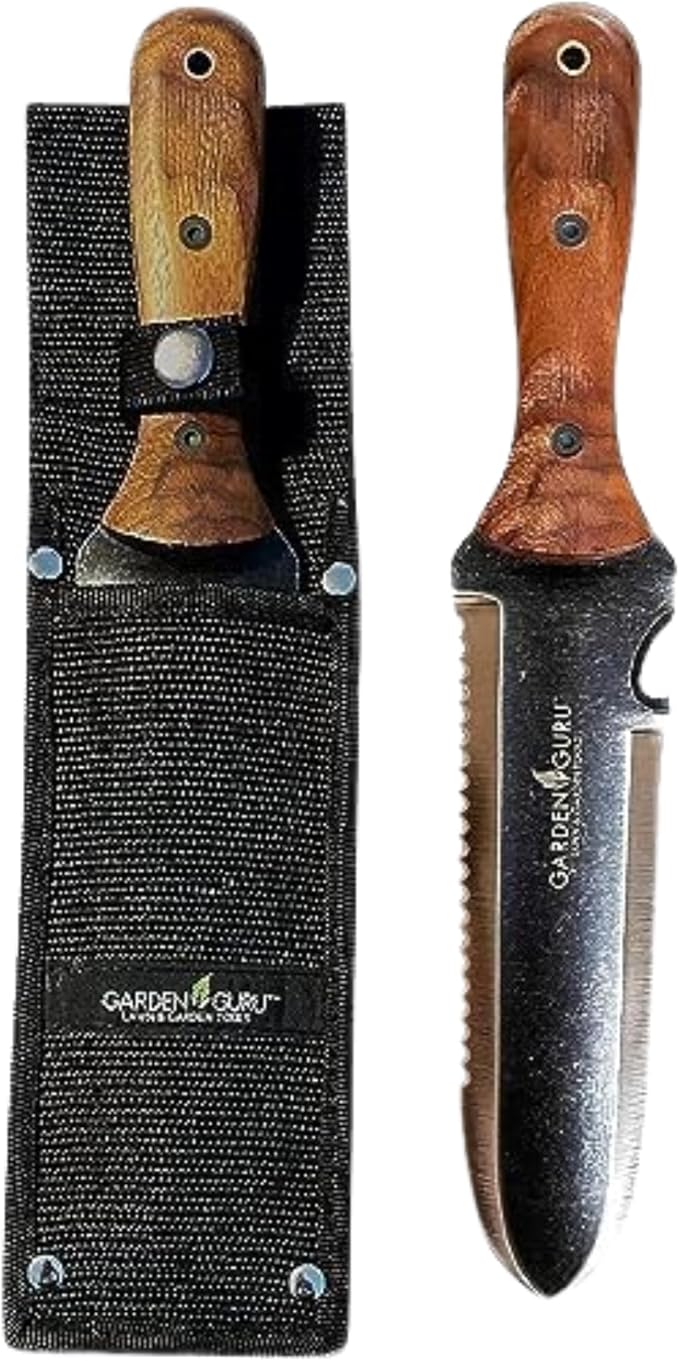 Garden Guru Hori Hori Gardening Knife for Weeding Digging Pruning & Cultivating - Stainless Steel Full Tang Blade | Walnut Wood Handle | Marks for Measuring Planting Depth | Nylon Sheath for Storage