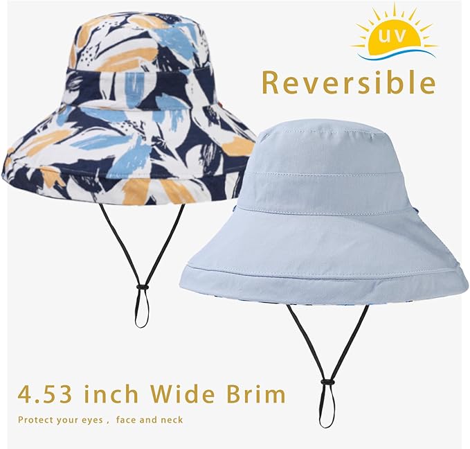 vidsel Womens Sun Hats Wide Brim Reversible Bucket Cotton Hat Packable Summer Travel Cap with Hat Clip,UV Protection