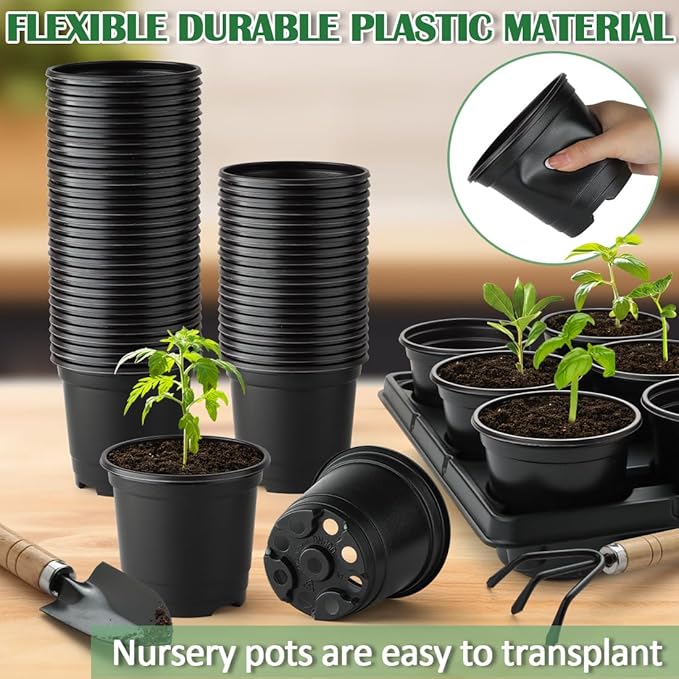 4 Inch Plastic Plant Pots 60 Pcs and 12 Cell Nursery Pots Trays 5 Pcs, Thick Sturdy Seeds Starting Germination Shuttle Carrying Trays, Black Small Planter Nursery Propagation 5 Sets
