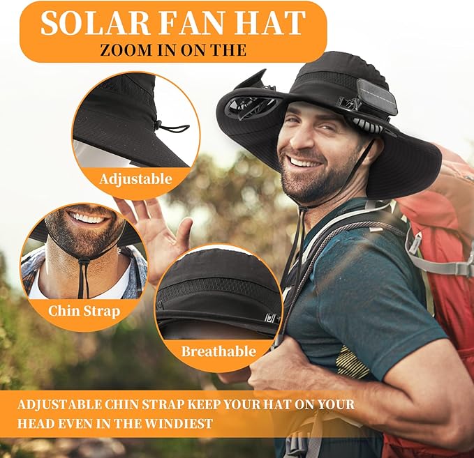 Solar Powered Fan Hat with 2 Removable Fans Wide Brim Sun Hat for Outdoor Fishing, Hiking Gardening, USB Solar Charging
