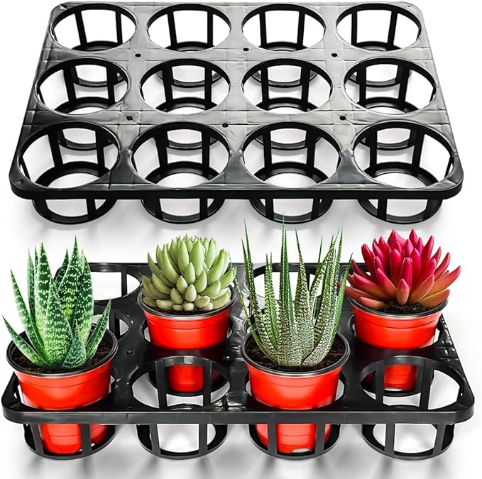 12 Cell Nursery Planter Pots Trays, Plant Pot Shuttle Carry Holder and Trays for 4 inch Round Plastic Nursery Pots Flowerpot Carrier Transporting (16.75" 12.43", 2.1" Deep, 10-Pack)
