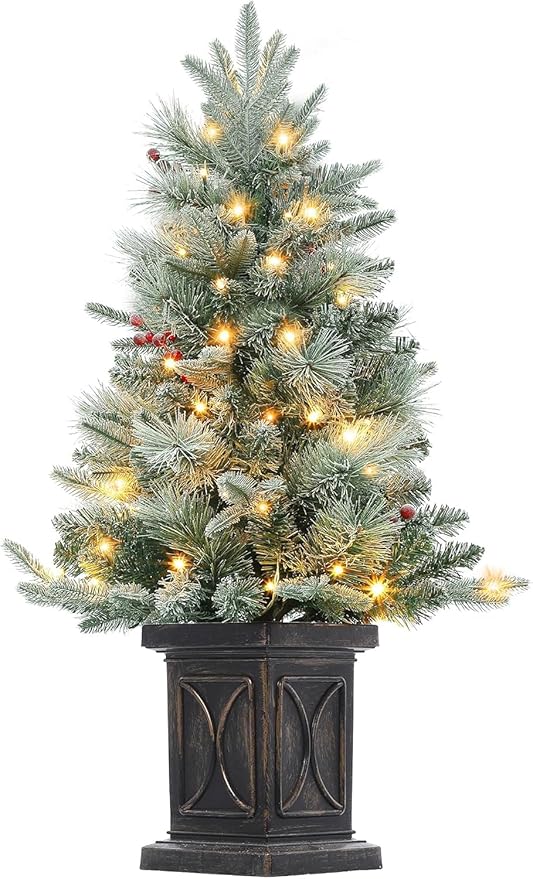 3ft Christmas Tree Pre-Lit Artificial Christmas Tree with Vintage Potted Base, Flocked Snow 78 Warm White LED Lights 8 Lighting Modes, Xmas Holiday Decor for Home, Entrances