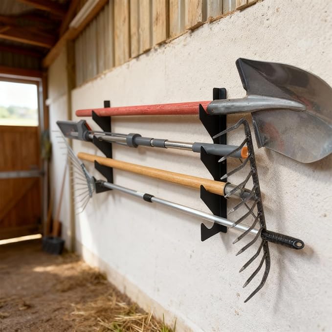 Wall Mount Garden Storage Tool Organizer, Heavy Duty Shed Tool Organizer for Shovels and Rakes, Tool Rack for Garage Organization & Storage, Holds 150 lbs Black