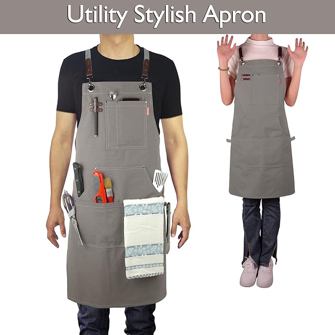 5 Pack Kitchen Apron, Work Apron, Canvas, Multiple Pockets, Gardening, Painting, BBQ, Artist, Carpenter, Sizes M to XXL, Dark Gray