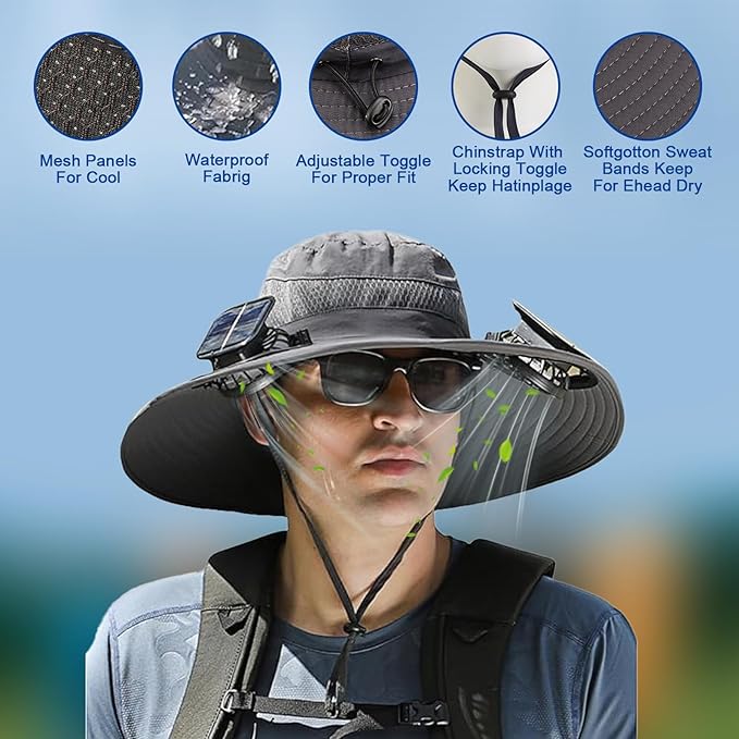 Solar Fan Hat, Wide Brim Sun Cap with 2 Solar Sun Protection Fans, USB and Solar Powered Fan Hat