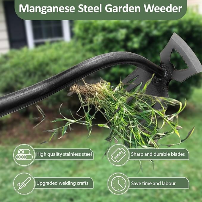 Weed Puller, Manual Weed Remover Tool with Rubber Handle, 6-Tine Forged Manganese Steel Weed Puller Tool Weeder for Yard Farm Garden