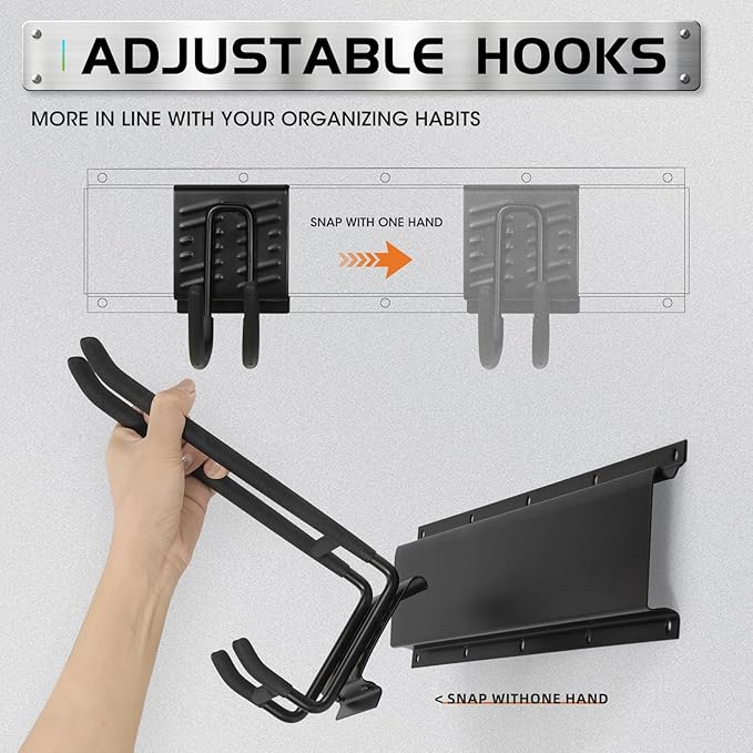 Garage Tool Organizer Wall Mount, Heavy Duty Garage Organization Tool Storage Utility Rack, Sturdy Storage Rack Hanger with Adjustable Hooks, Garden Tool Organizer for Shovel, Rake, Folding Chair