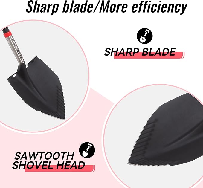SHARK ATTACK Heavy Duty Garden Shovel, 56.7 Inch Digging Spade Shovel Extra-Wide Serrated Edge Heart-Shaped Blade with Non-Slip Injection Molded Handle for Digging, Gardening, and Landscaping