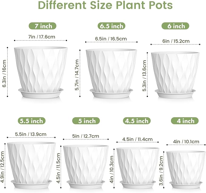 7/6.5/6/5.5/5/4.5/4 inch Plant Pots for Indoor Outdoor Plants, 7 Pack Thick Flower Pots with Drainage Holes and Saucers, Modern Wave Texture Plastic Planter Pots for Nursery, Succulent, White