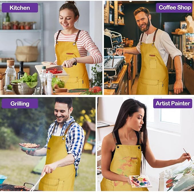 Genixart Chef Apron for Men Women with Pockets, Canvas Aprons for Kitchen Cooking, Artist Painting, Work Apron for Server (Yellow, 6 Pack)