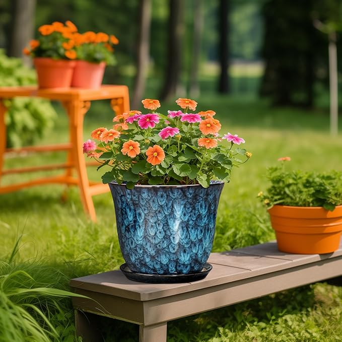 10 Inch Plant Pot - Ceramic Planter with Drainage Hole and Saucer, Round Flower Pots for Indoor Outdoor, Modern Decorative Planter for Plants, Home Office Decor, Plant Lover Gifts, Blue