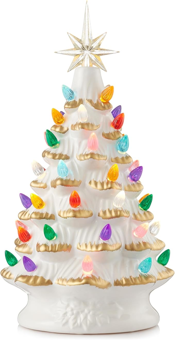 Casafield Hand Painted Ceramic Christmas Tree, White 12-Inch Pre-Lit Tree with 100 Multi Color Lights and 2 Star Toppers