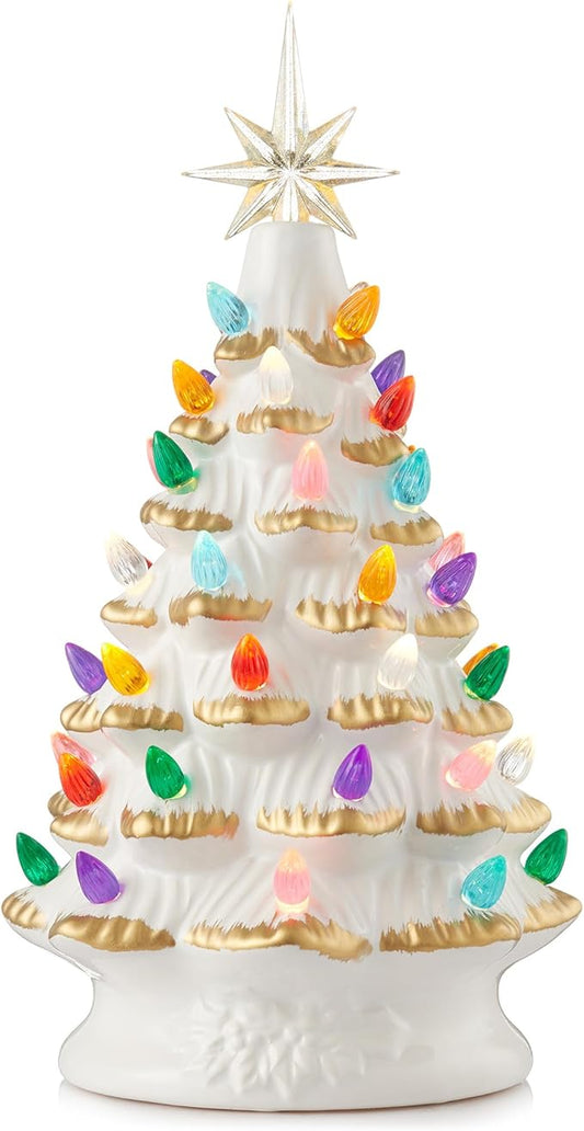 Casafield Hand Painted Ceramic Christmas Tree, White 12-Inch Pre-Lit Tree with 100 Multi Color Lights and 2 Star Toppers
