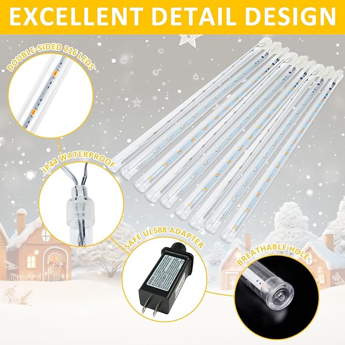 2-Pack Extendable Meteor Shower Christmas Lights Outdoor, 16 Tubes 384 LEDs Waterproof Falling Rain String Lights, Christmas String Lights Outdoor for Tree Patio Garden Holiday Decorations(Warm White)