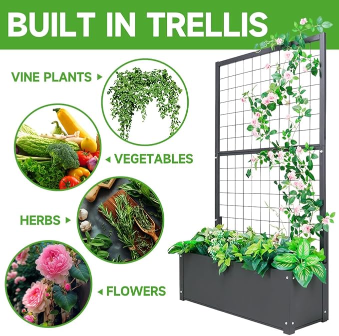 Metal Planter with Trellis Raised Garden Beds Outdoor (35.5" L*12" W*59" H) Inch Planter Box with Trellis&Privacy Screen for Climbing Plants, Vegetables, Vines