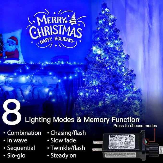 33FT 100 LEDs String Lights Waterproof Fairy Lights 8 Modes with Memory 30V UL Certified Power Supply for Home, Garden, Wedding, Party, Christmas Decoration Indoor Outdoor (Blue)